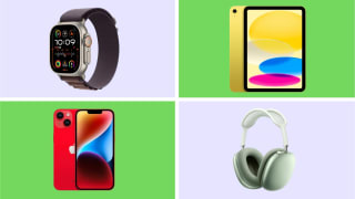 A collage of Apple products in front of colored backgrounds