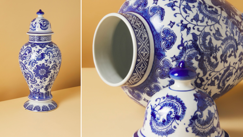 Two images of a blue and white vase.