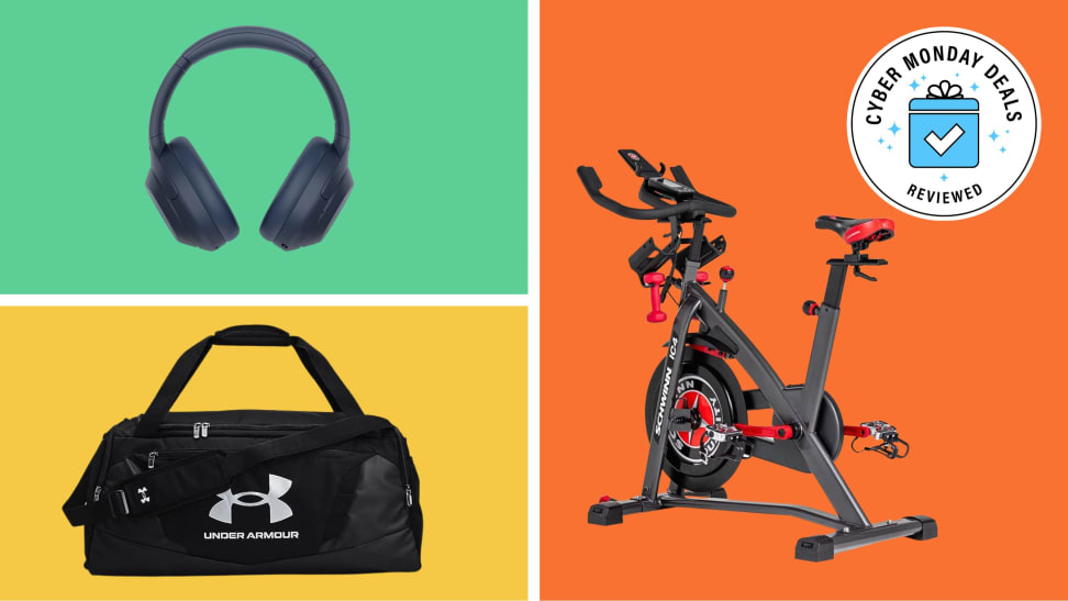 Sony headphones, Under Armour gym bag,  and a Schwinn exercise bike on colored backgrounds.