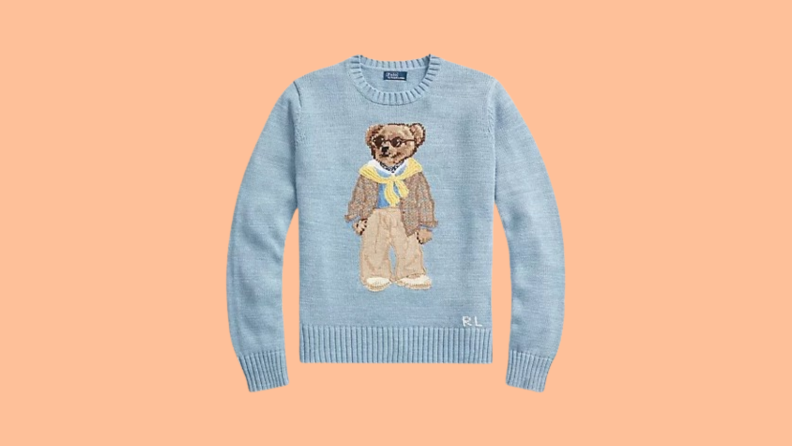 A product shot of a Ralph Lauren Polo Bear sweater.