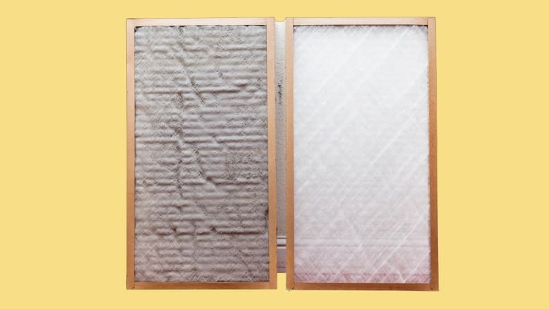 A dirty filter is displayed next to a clean AC filter.