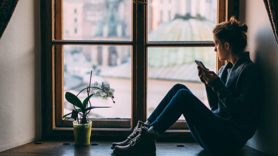 A woman stares out a window, a flower in a pot by her feet and a smartphone in her hands.