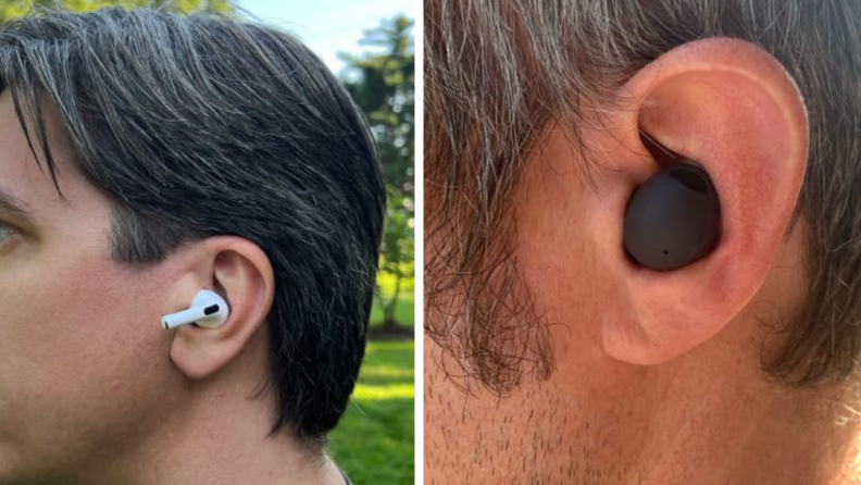 A side-by-side of the Apple AirPods Pro 2 and Samsung Galaxy Buds 2 Pro in someone's ear.