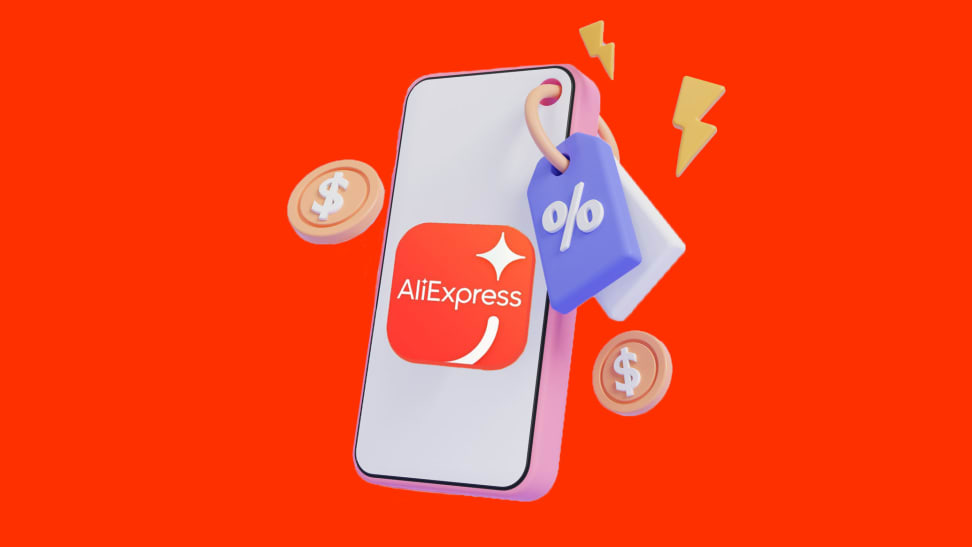 Aliexpress logo on cartoon phone on red background