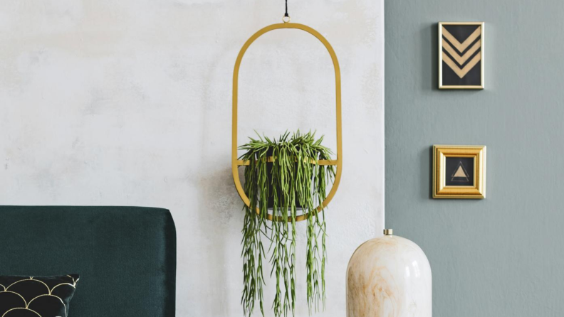 Decorative gold oval indoor hanging plant in a living room