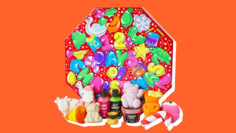 Box of Lush products on a red background