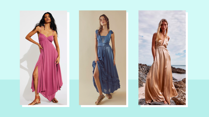 Collage of three floor-length Free People dresses: one in pink, one in blue, and one in gold.