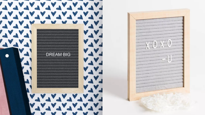 On left, wooden letter board that reads "Dream Big" in locker next to books. On right, wooden letter board that reads "XOXO, - U."