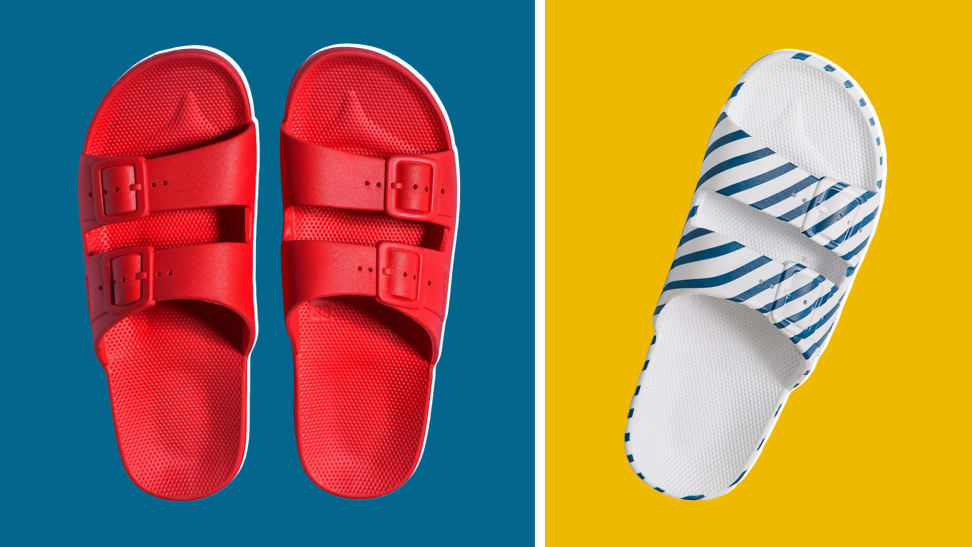 Two pairs of sandals, one is bright red and the other has blue and white stripes.