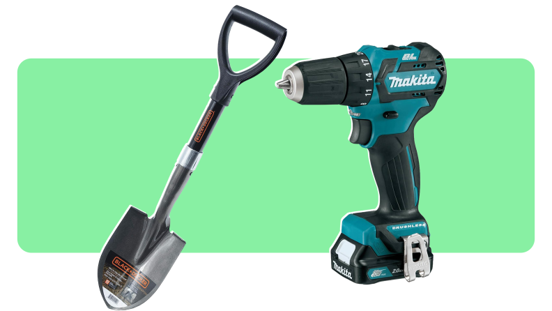 A Makita shovel and Black & Decker drill side-by-side on a green background.