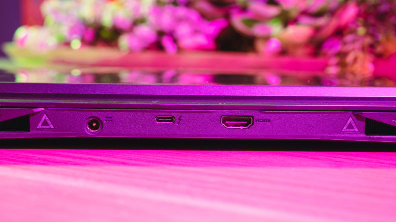 Rear shot of the Nitro 5, showing off the power connection port, an HDMI port, and a USB-C port.