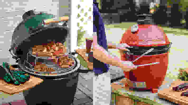 On left, a Big Green Egg opened, revealing a tiered level of grilling meats. On right, a closed Kamado Joe with a person holding the handle.