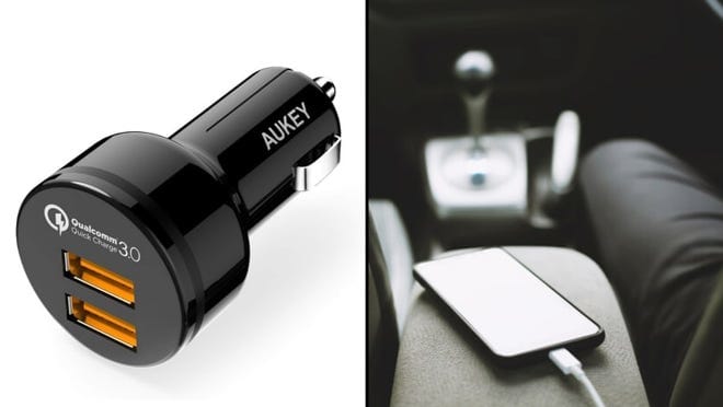 Close-up of a car charger and a phone charging in a car