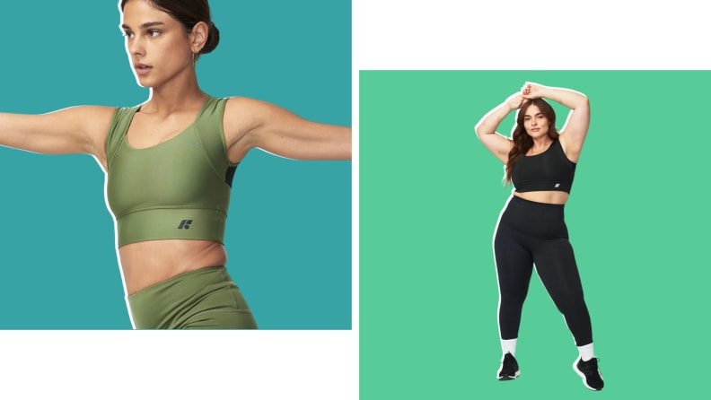 Collage of a model wearing a green sports bra, and another shot of a model wearing the same in black.