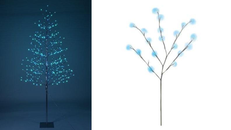Two images of minimalistic blue Christmas trees.