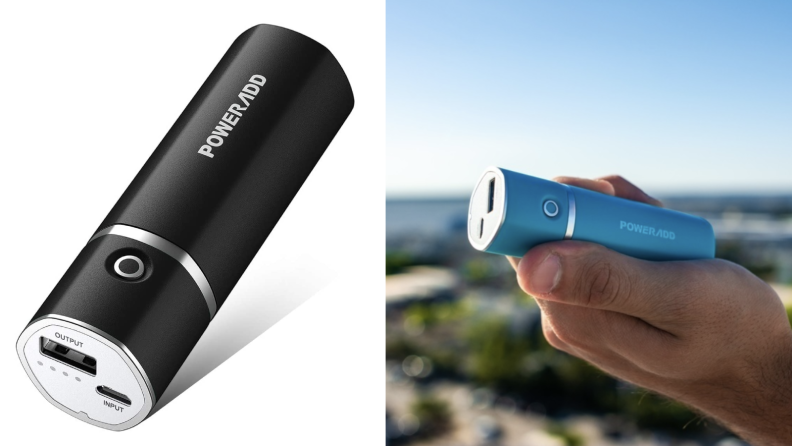 A split image: On the left, a close-up of a black Poweradd portable charging device. It has an input port, a round button, and a USB output port. To the right, a photograph shows a hand holding another Poweradd charger (this one is metallic blue).