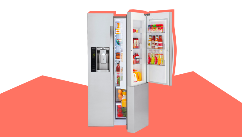 An LG side-by-side fridge sits on a white and red background
