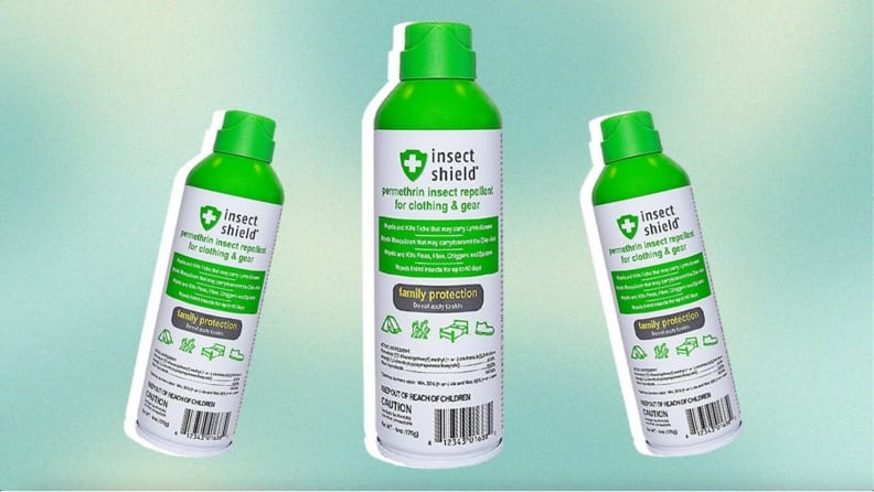 Three bottles of Insect Shield spray in front of a green background.