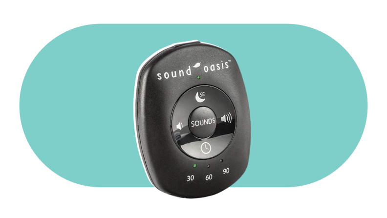 The Sound Oasis handheld sound machine on a colorful background