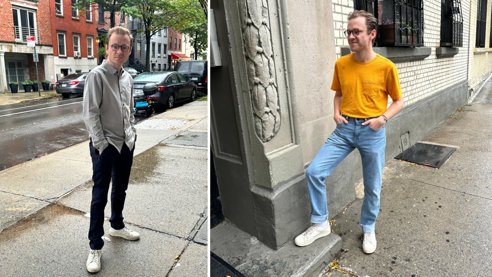 At left, the author wears a gray button-up shirt with black jeans, and on the right is the author in a yellow T-shirt and blue jeans.
