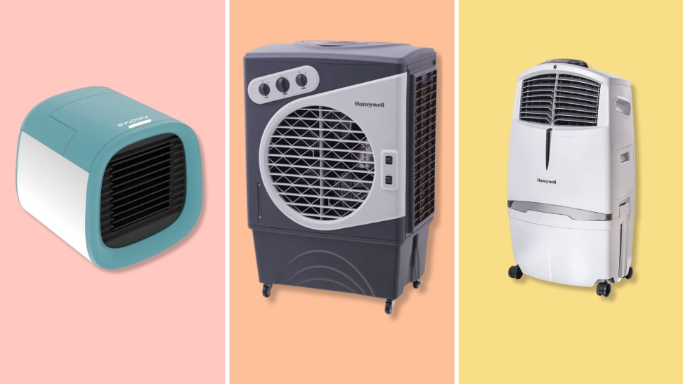 Three different sizes of evaporative coolers against a pink, orange, and yellow background.