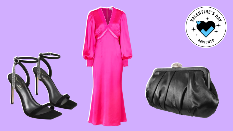 High heel shoes, pink dress, satin clutch bag.