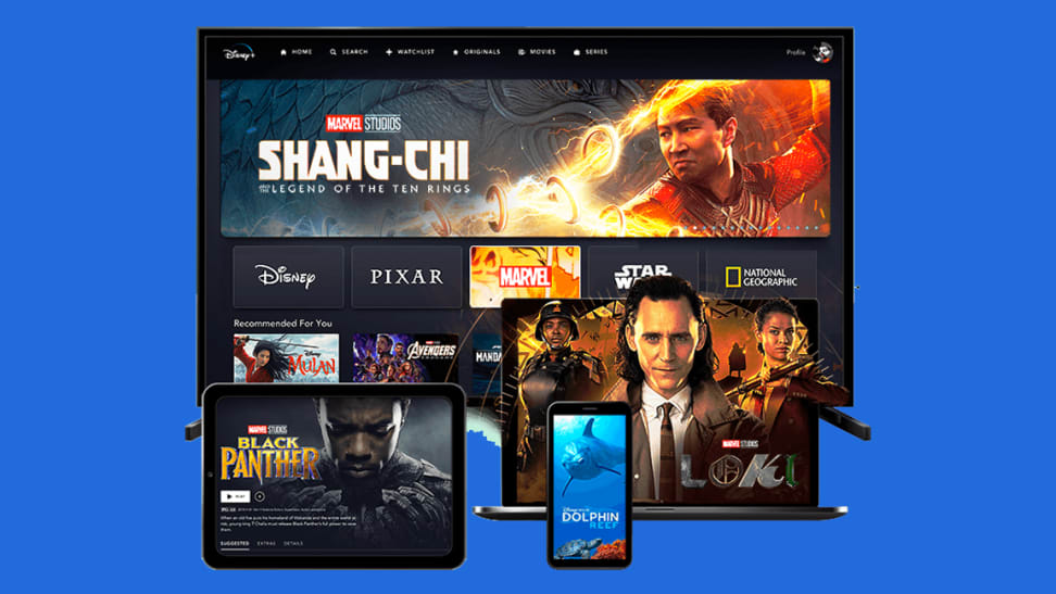 An image of several devices with the Disney+ app pulled up, including a television, a tablet, a phone, and a laptop. The various screens display the Disney+ catalog, including the promotional images for the series _Loki_ and the films _Shang Chi_ and _Black Panther_.