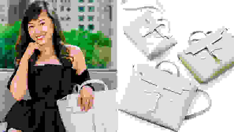 Left: Asian female founder of Senreve, right: Senreve bags on white background