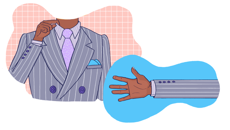 An illustration showing off a person wearing a suit jacket, followed by their arm extended with the sleeve of a shirt barely visible underneath the wrist.
