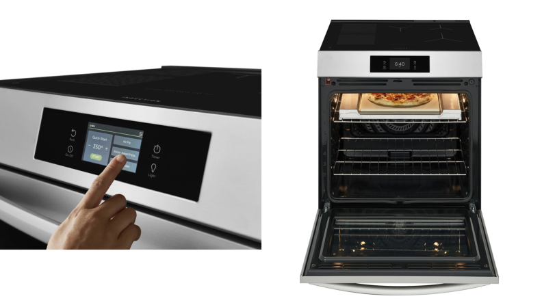 Left: The control panel of the Frigidaire Gallery Series GCFI3070BF . Right: The Frigidaire Gallery Series GCFI3070BF with the oven door open and a pizza on the pizza stone.