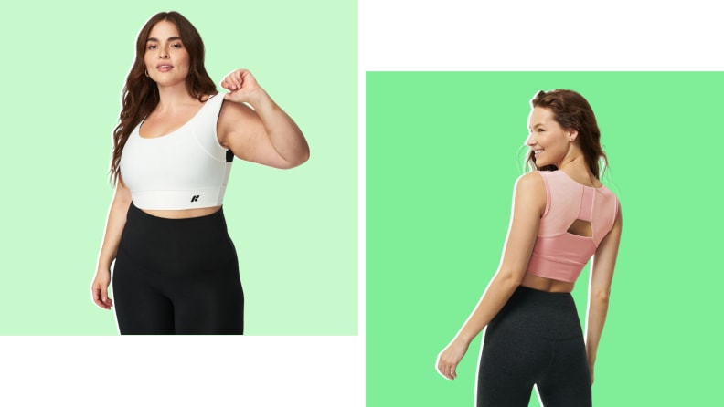 Collage of a model wearing a white sports bra and another model wearing the same bra in peach.