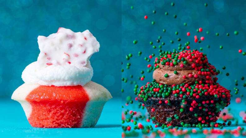 red and green cupcakes on blue background