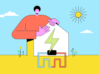 Colorful cartoon graphic of large person leaning on home outdoors.