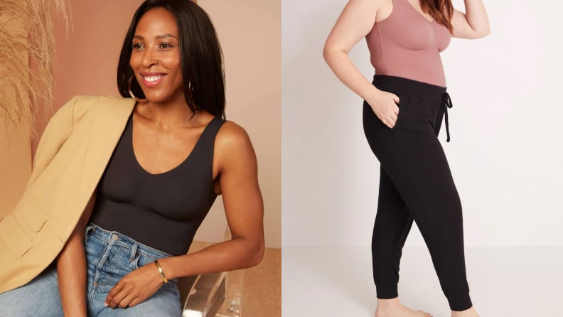 left: woman wearing knix luxelift tank right: woman wearing knix modal lounge pant