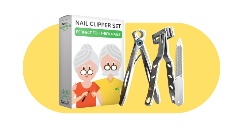 A white box with a cartoon image of an elderly  couple. There are three silver tools next to the box: a fingernail clipper, a toenail clipper, and a flat nail file.