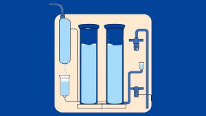 a drawing of the reverse osmosis process on a navy blue background