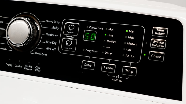 A close-up of the Frigidaire FFRE4120SW dryer's control panel.