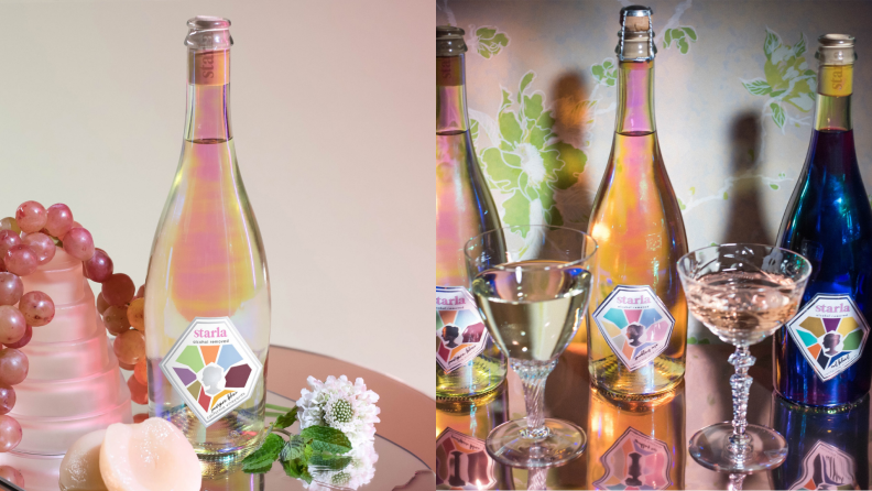 On left, pink bottle of wine surrounded by pink decorative items and grapes. On left, assorted wine bottles next to wine glasses.