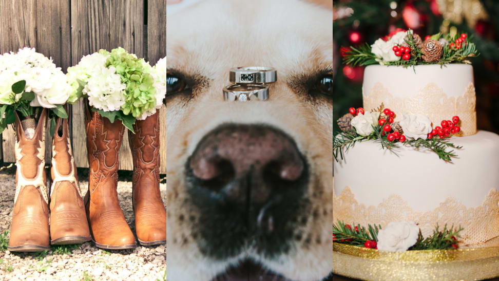 1) Cowboy boots with flower bouquets stuck inside them. 2) Close up of a dog's face with wedding rings on snout. 3) Close up of a Christmas-themed wedding cake.