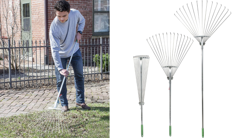 Left: A person rakes leaves on the grass; right: three versions of the same rake to show how the tines can be adjusted width-wise.