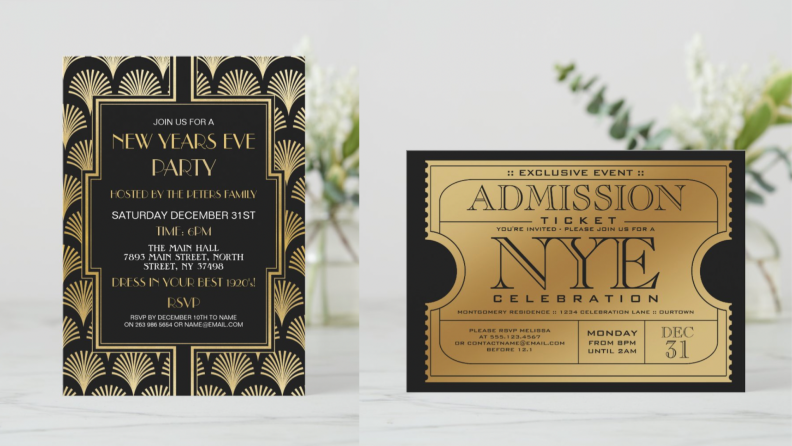 On the left, an art deco style invite. On the right, a golden ticket style invitation.