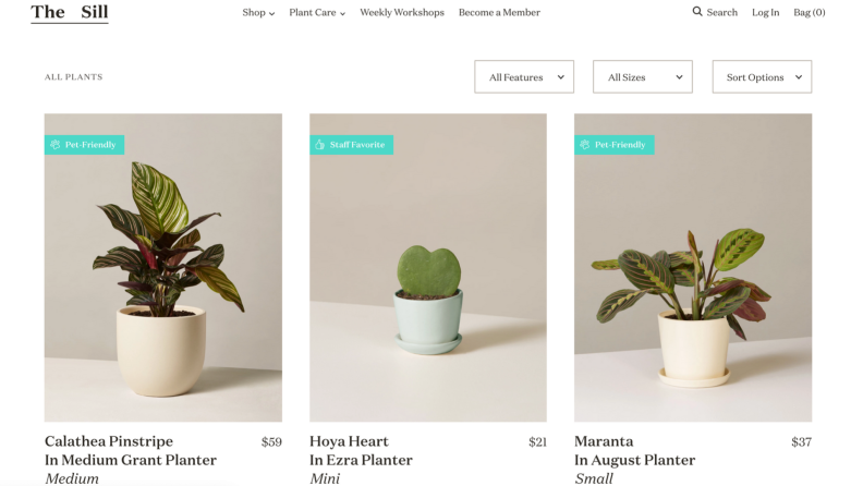 A screenshot of the Sill online shop.