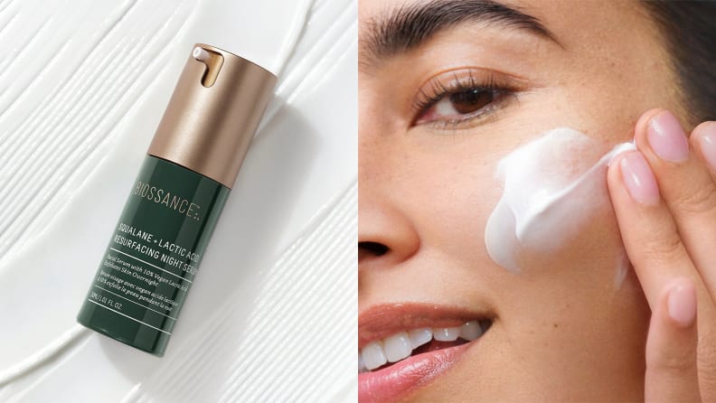 On the left: A dark green and gold bottle with white moisturizer in the background. On the right: A closeup on someone's face as they apply a white cream to their cheek.