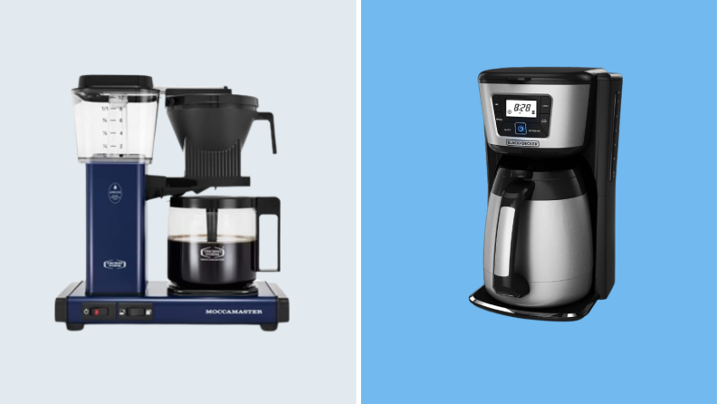 Coffee makers against blue backgrounds