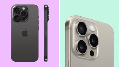 A colorful collage with an iPhone 15 Pro and Pro Max.