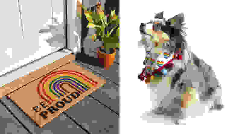 A Pride-themed doormat and a dog wearing a Pride-themed handkerchief from Joann.