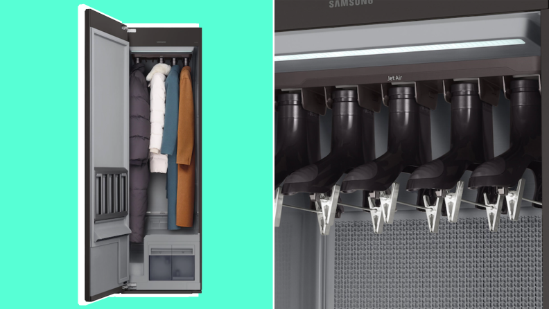 On left, product shot of the Samsung Bespoke AirDresser with clothes hanging up inside. On right, empty hangers hanging inside of the Samsung Air Dresser.