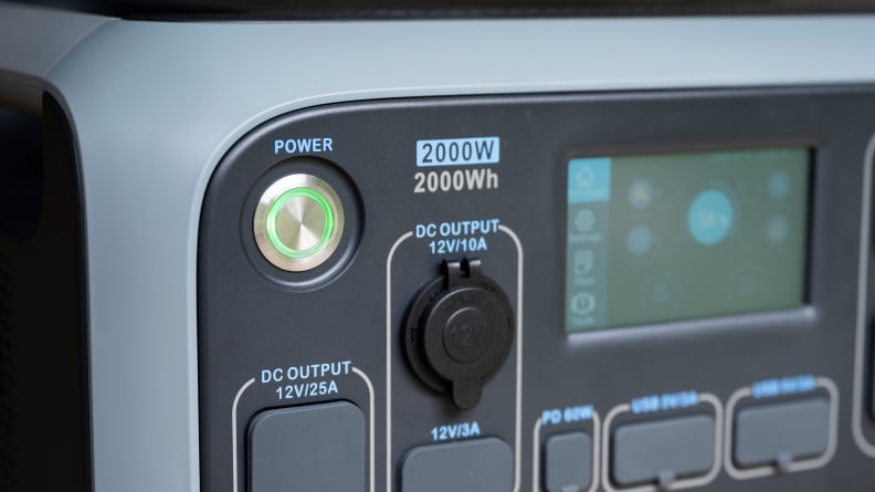 Close up of a power button on a solar-powered generator.