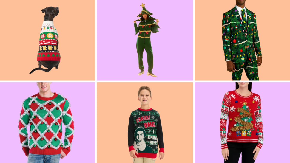 Six examples of ugly Christmas sweaters, including one men's sweater, one women's sweater, one men's T-shirt, one men's suit, a baby option, and an option for dogs.