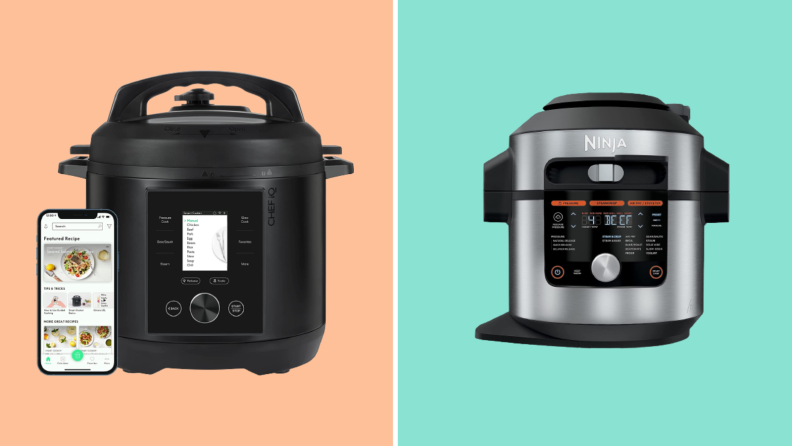 Two pressure cookers against peach and teal backgrounds